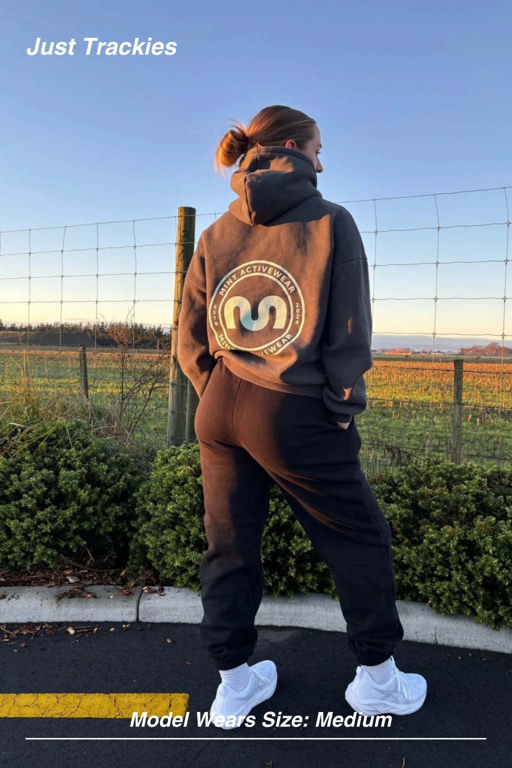 Mint Activewear Just Trackies in chocolate brown, back view showing the relaxed leg and elasticated cuffs.