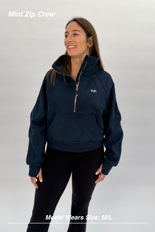 Mint Activewear Mint Zip Crew in navy, front view, cropped half-zip hoodie with high collar and kangaroo pocket.