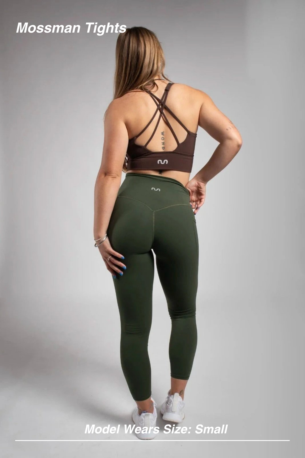 Mint Activewear Mossman Tights in olive green, full back view showing the curved high waistband and contoured seam.