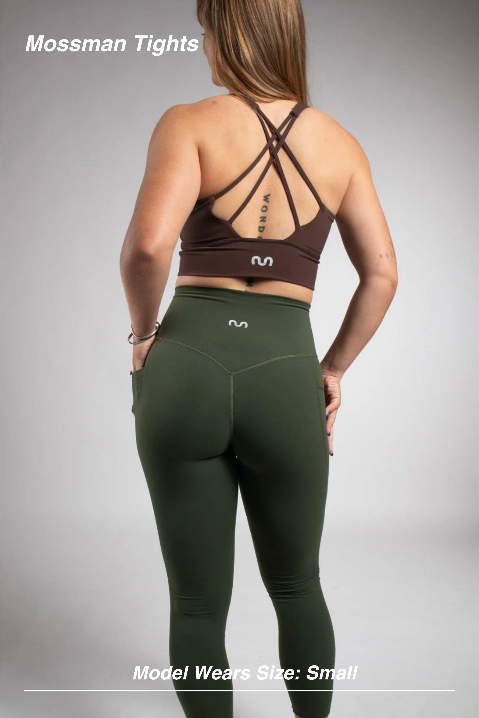 Mint Activewear Mossman Tights in olive green, close back view highlighting the V-shaped waistband and side pockets.