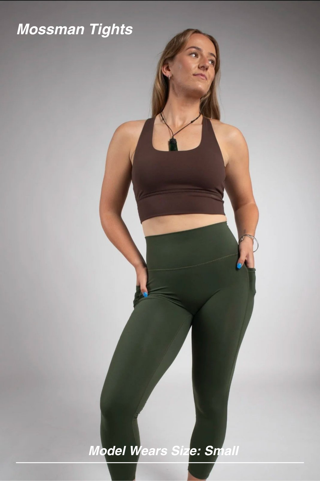Mint Activewear Mossman Tights in olive green, front view showing the wide high waistband and side phone pockets.