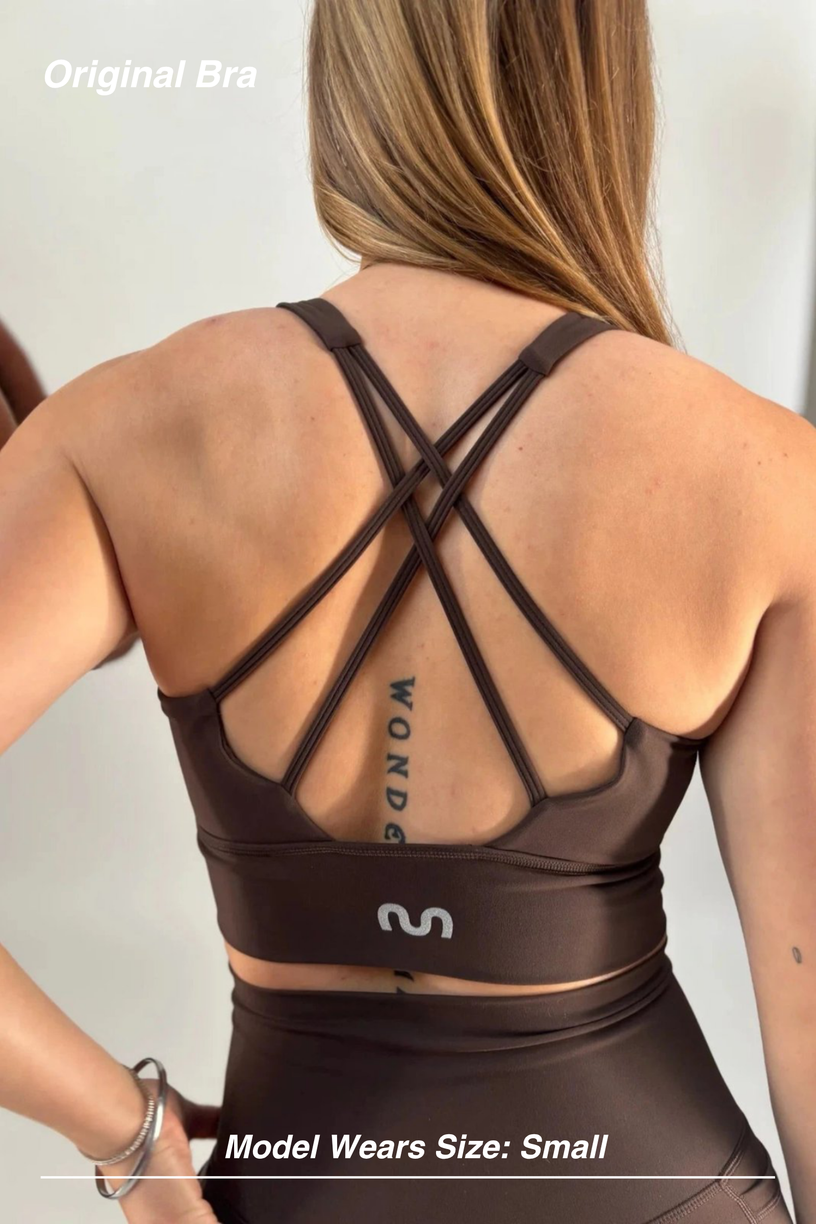 Mint Activewear Original Bra in chocolate brown, back view highlighting the crossed double-strap detail and wide underband.