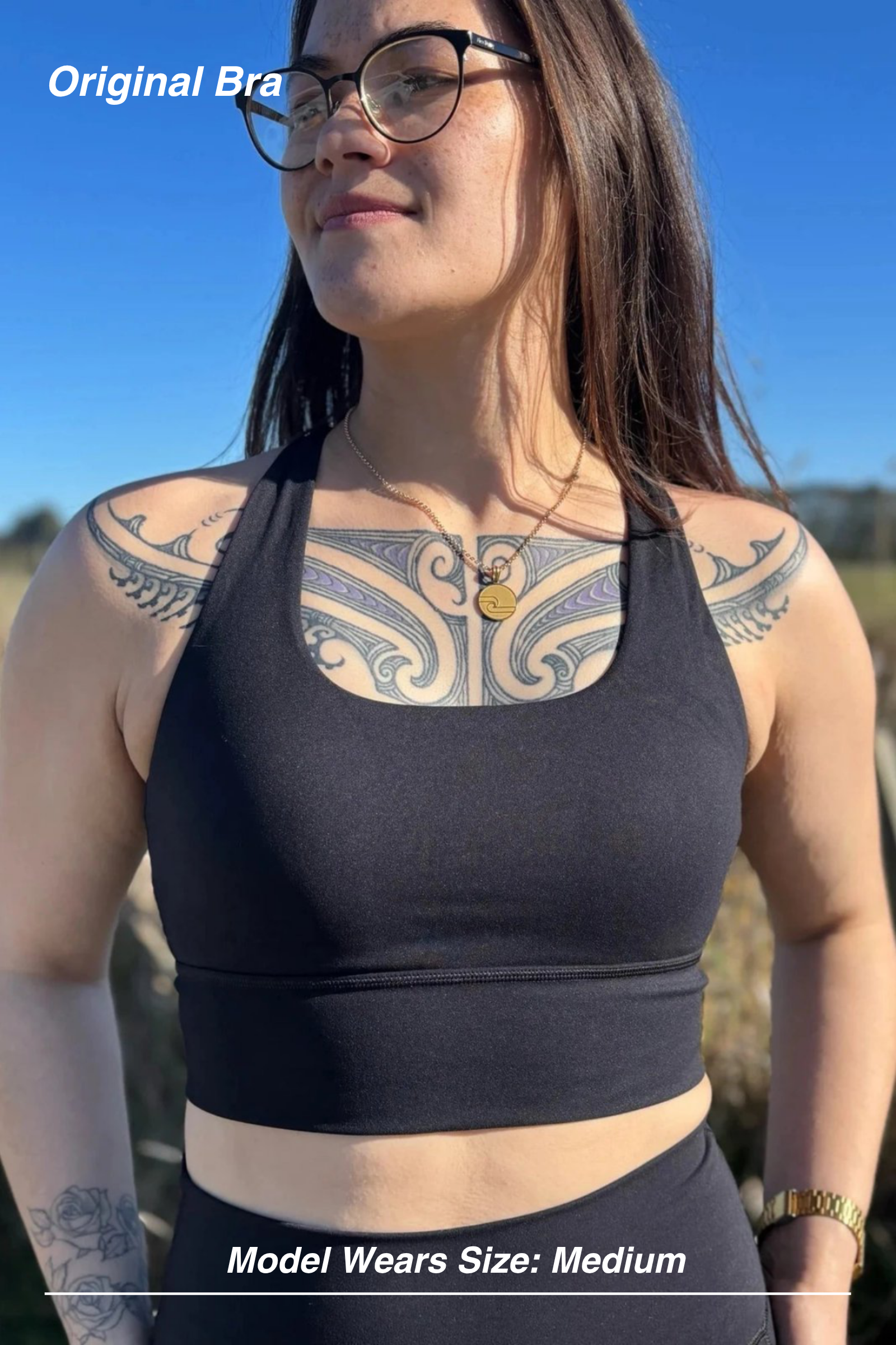 Mint Activewear Original Bra in black, front view outdoors with a high halter-style neckline and clean fit.