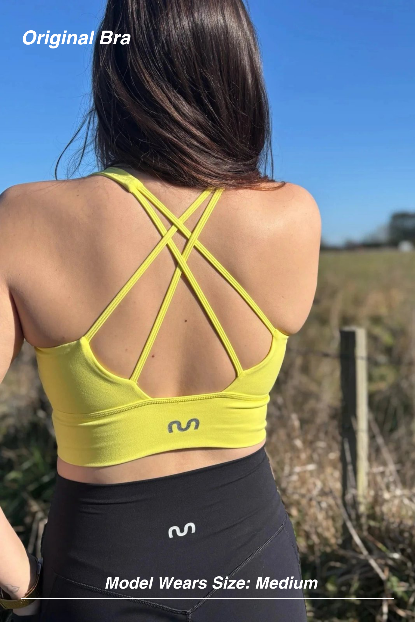 Mint Activewear Original Bra in yellow, back view showing the crossed double straps and branded underband.