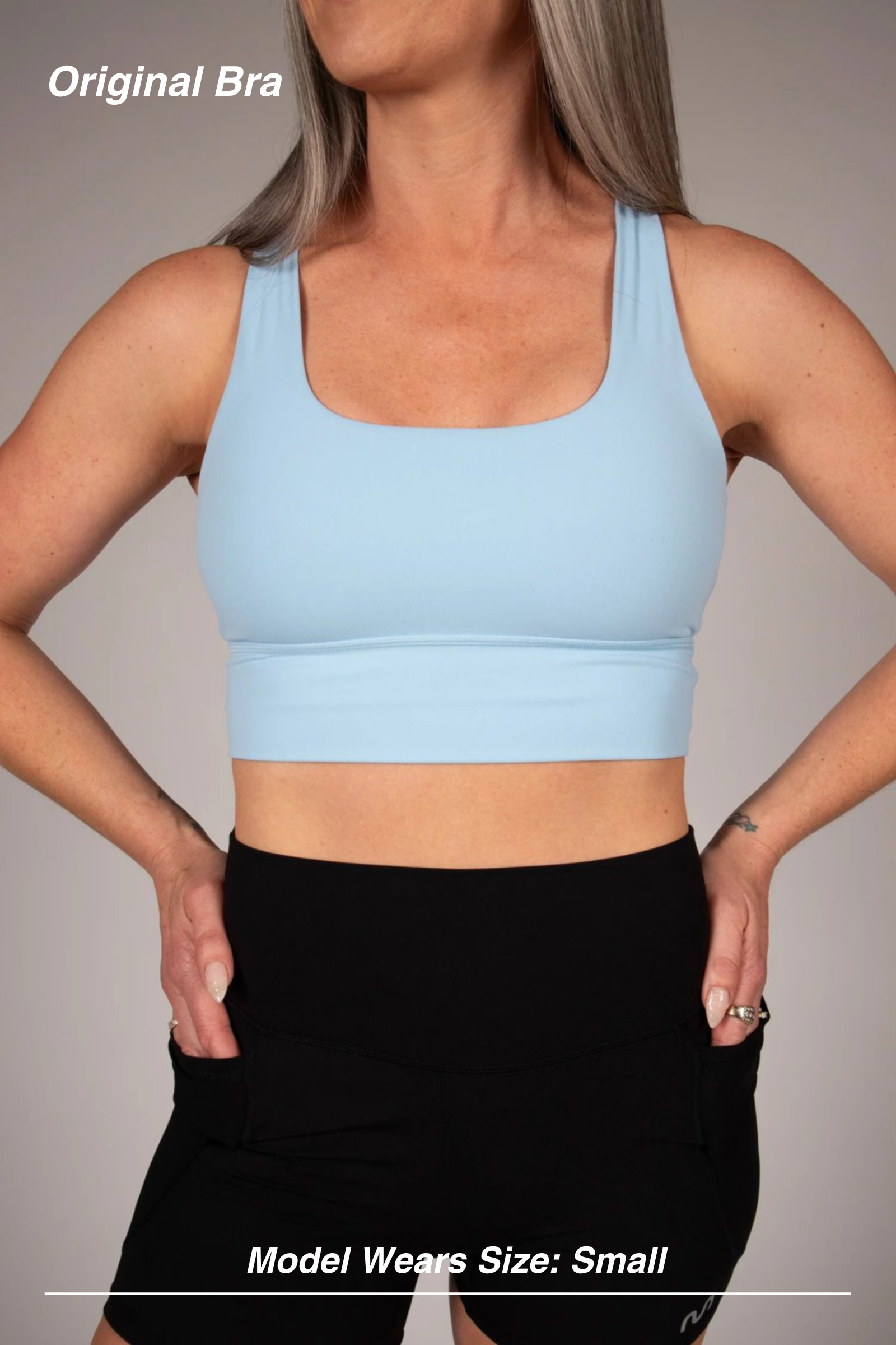 Mint Activewear Original Bra in baby blue, front view with a square scoop neckline and supportive band.