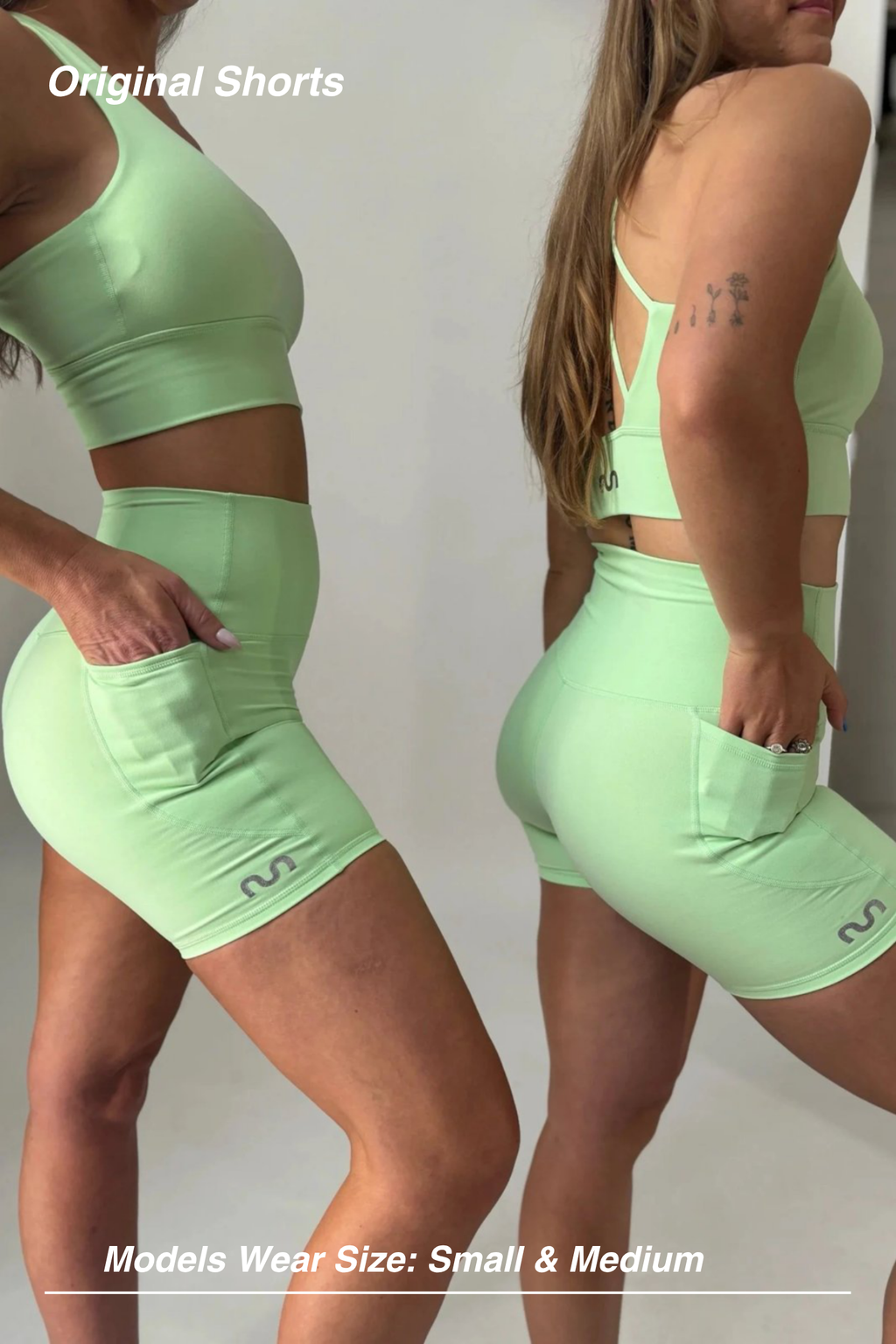 Mint Activewear Original Shorts in mint green, side and back view on two models showing the side pockets.
