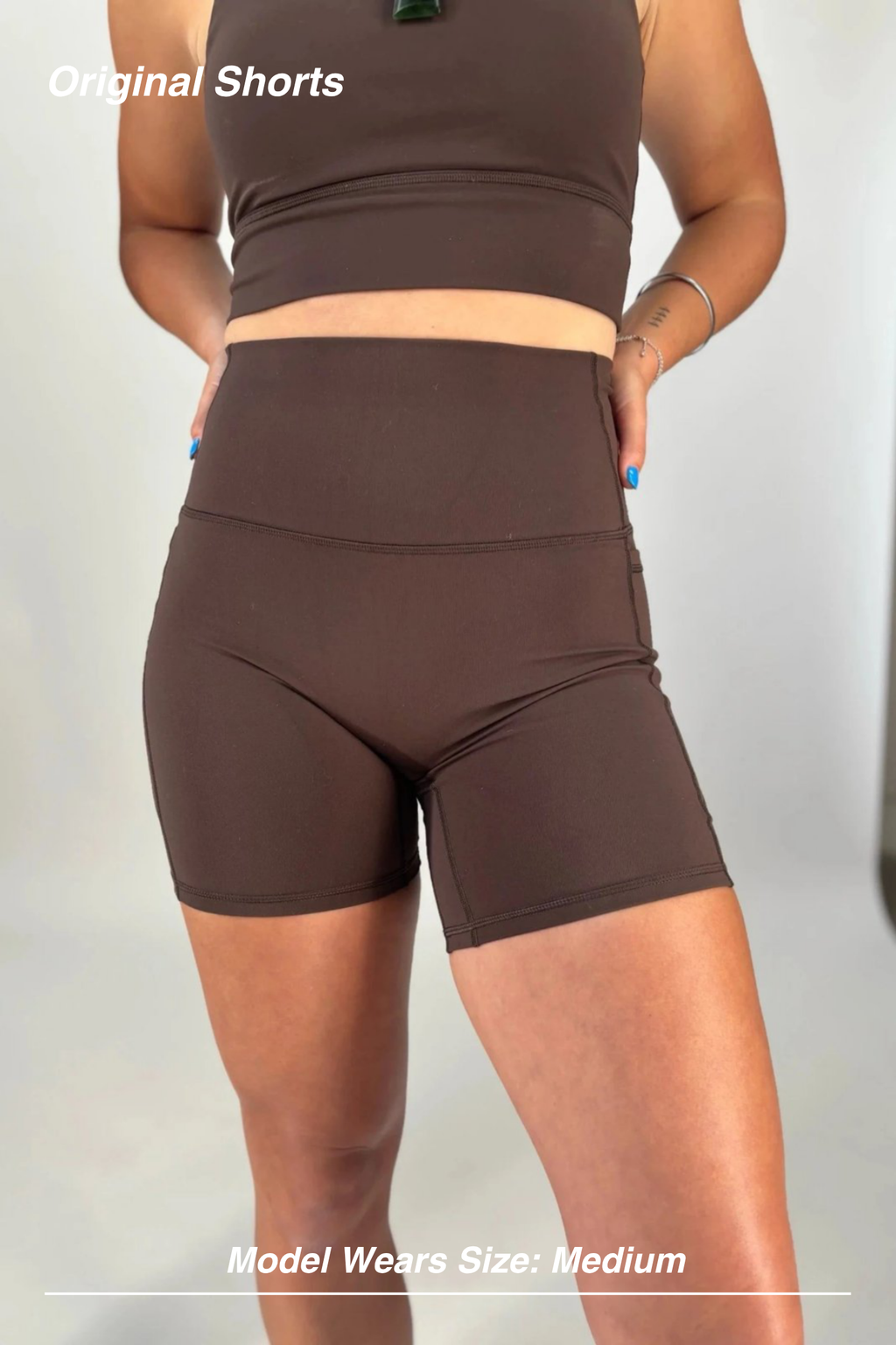 Mint Activewear Original Shorts in chocolate brown, front view highlighting the smooth high waistband fit.