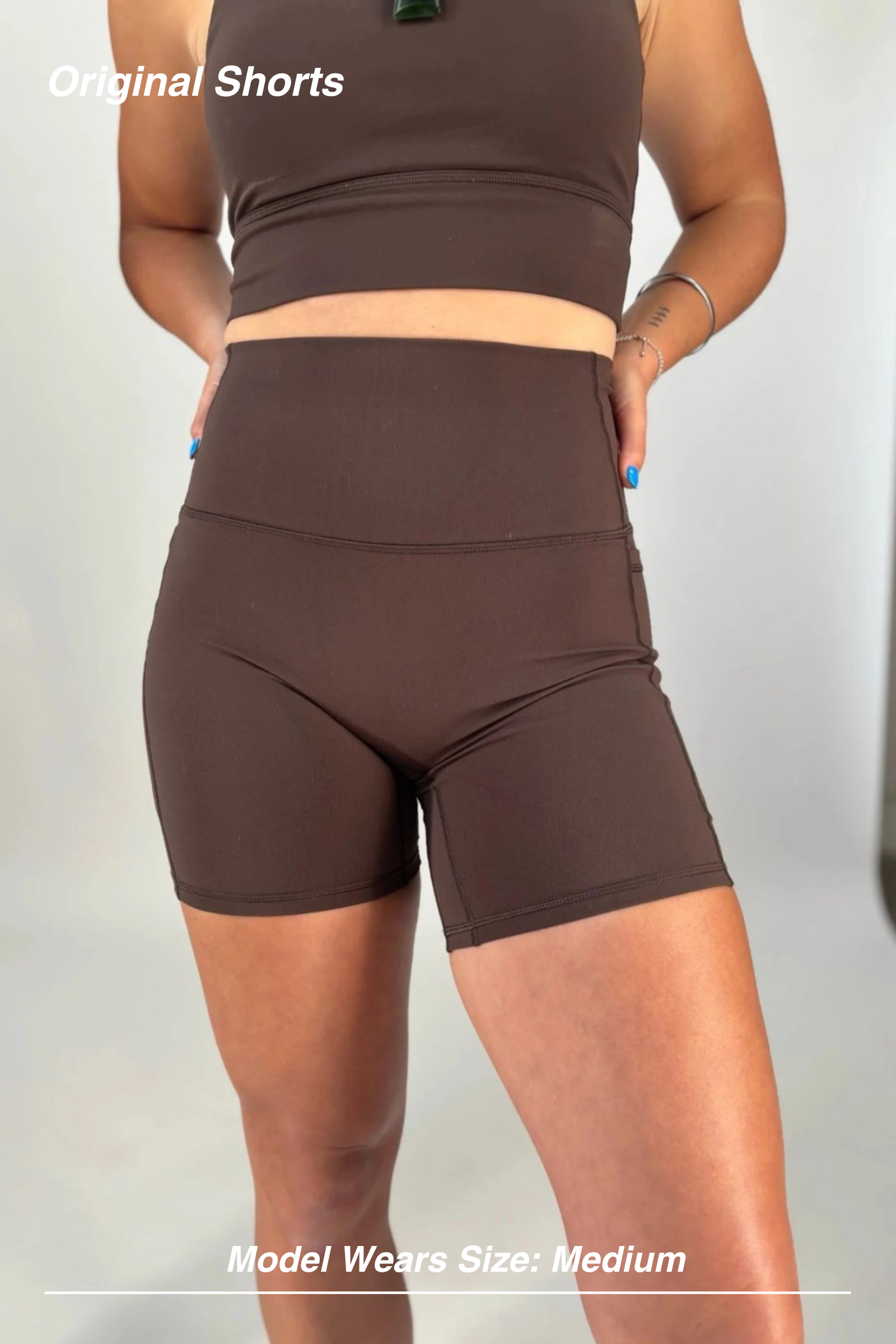 Mint Activewear Original Shorts in chocolate brown, front view highlighting the smooth high waistband fit.
