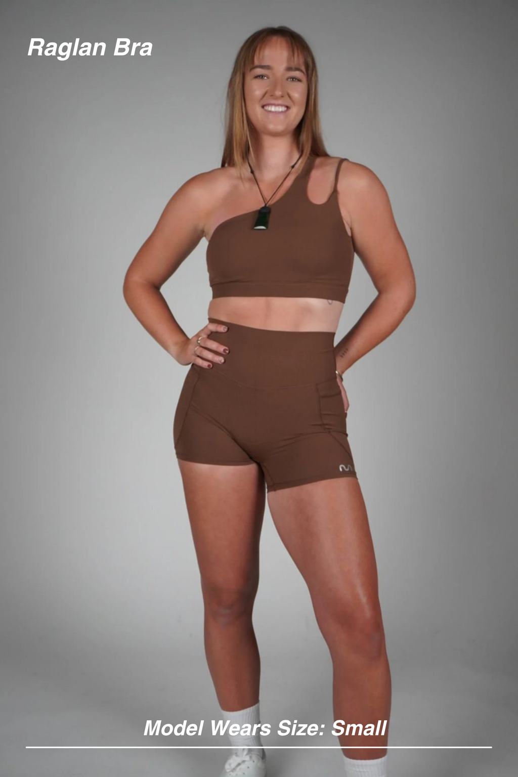 Mint Activewear Raglan Bra in Chocolate, full-length front view styled with matching high-waisted shorts.