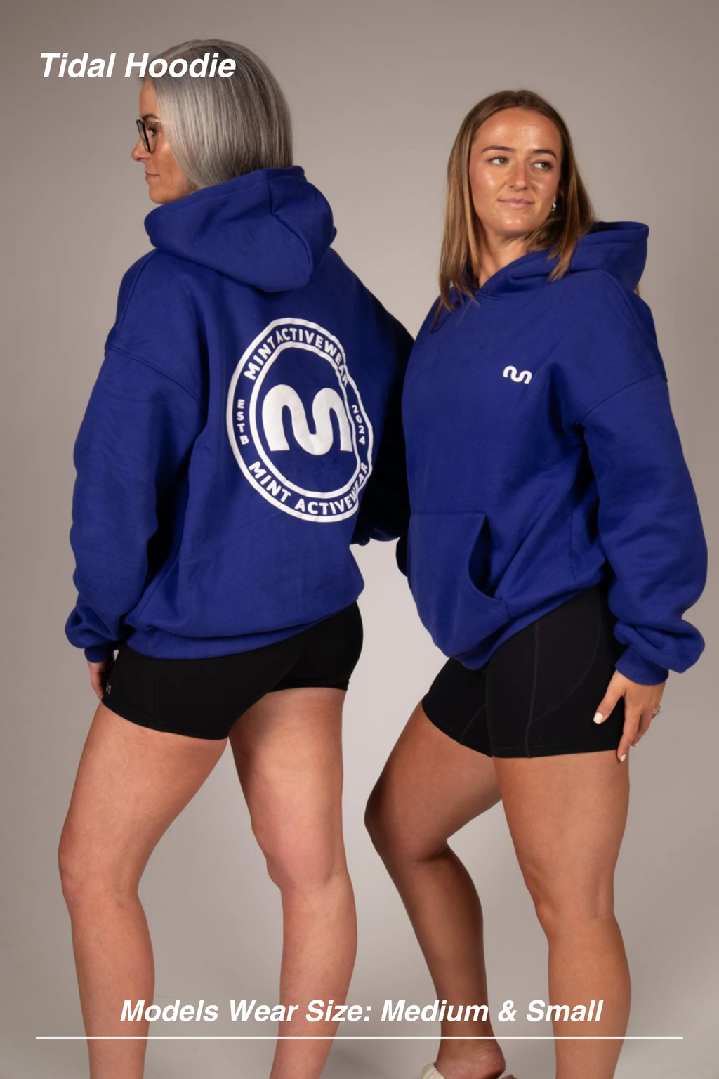 Mint Activewear Tidal Hoodie in blue, back and front views showing the circular logo print and small chest mark.