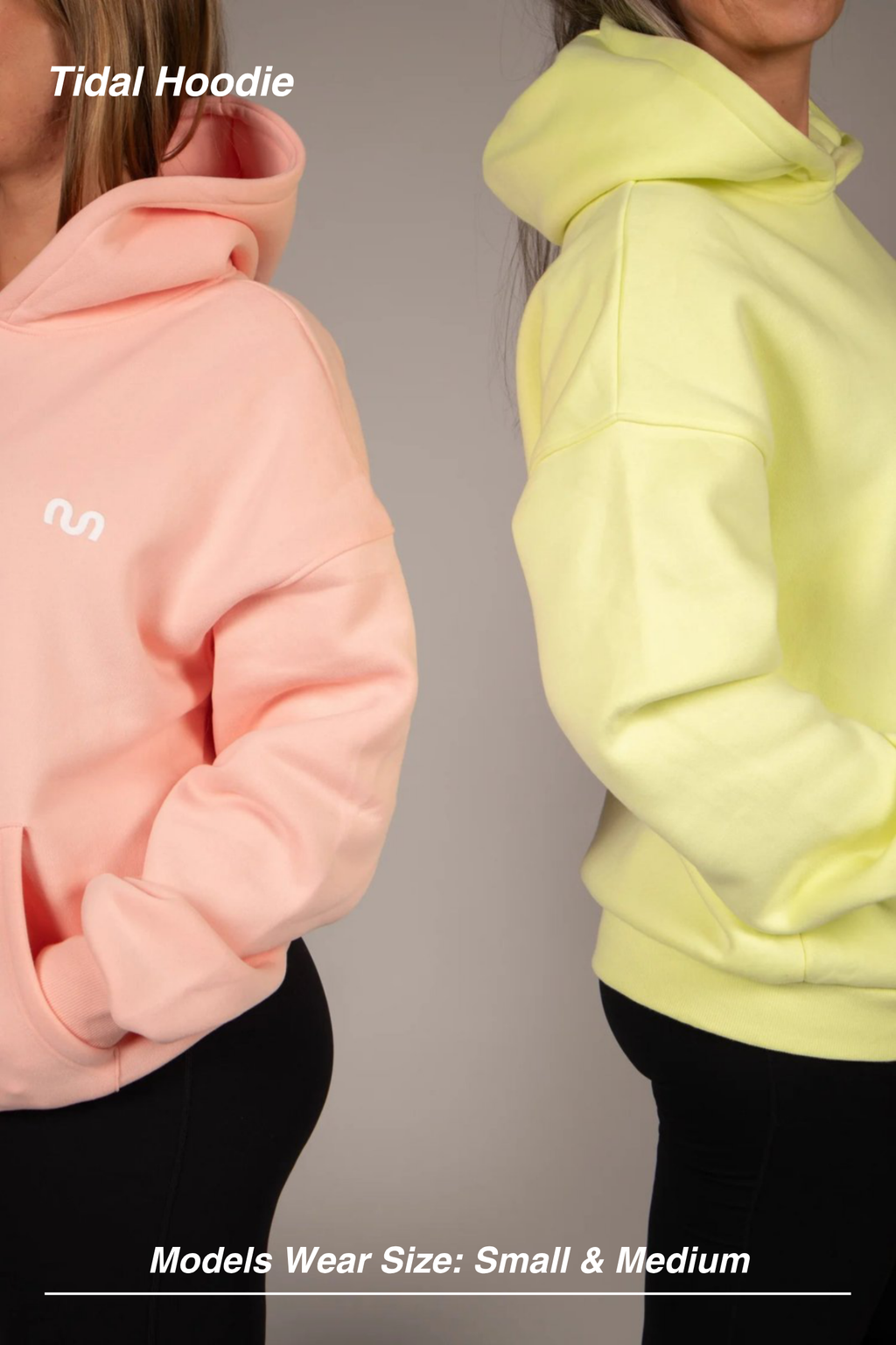 Mint Activewear Tidal Hoodie in peachy pink and yellow, side views of the oversized fit and dropped shoulders.